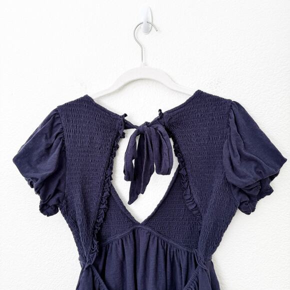 [Free People] Blue Charlotte V-Neck Smocked Open Back Top Puff Sleeves Sz Small - Picture 6 of 11